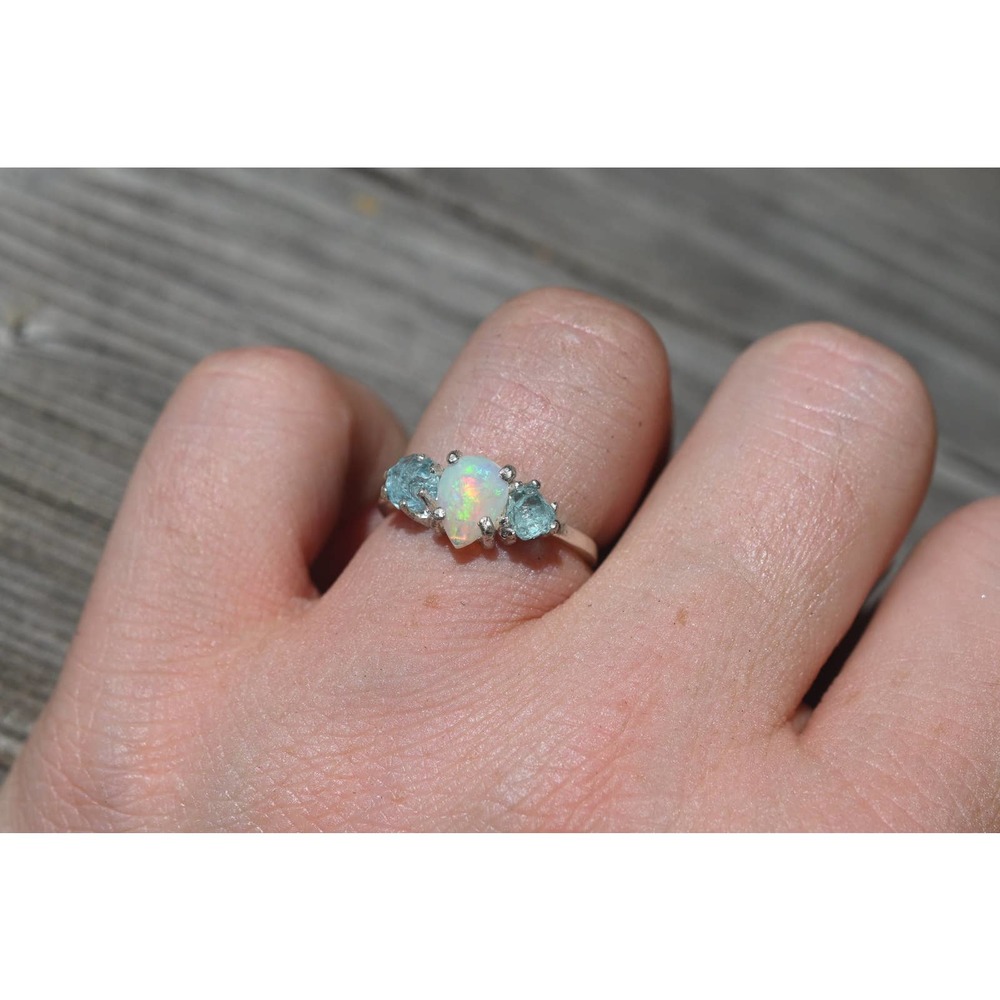 Opal and aquamarine engagement ring, raw stone ring, alternative engagem…
